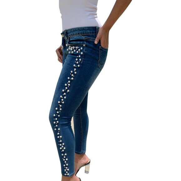 Women's Pearl Jeans Plus Size Skinny Mid Waist Stretch Denim Pants - Picture 3 of 8